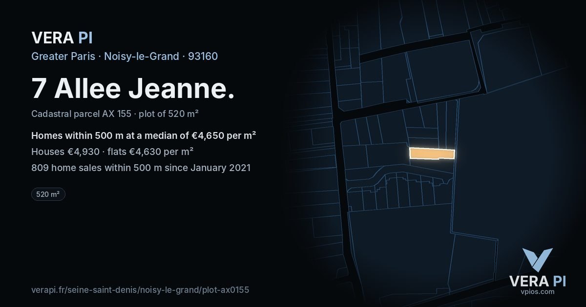 7 Allee Jeanne, Noisy-le-Grand at night – the plot lit, the parcels around coloured by the prices near them