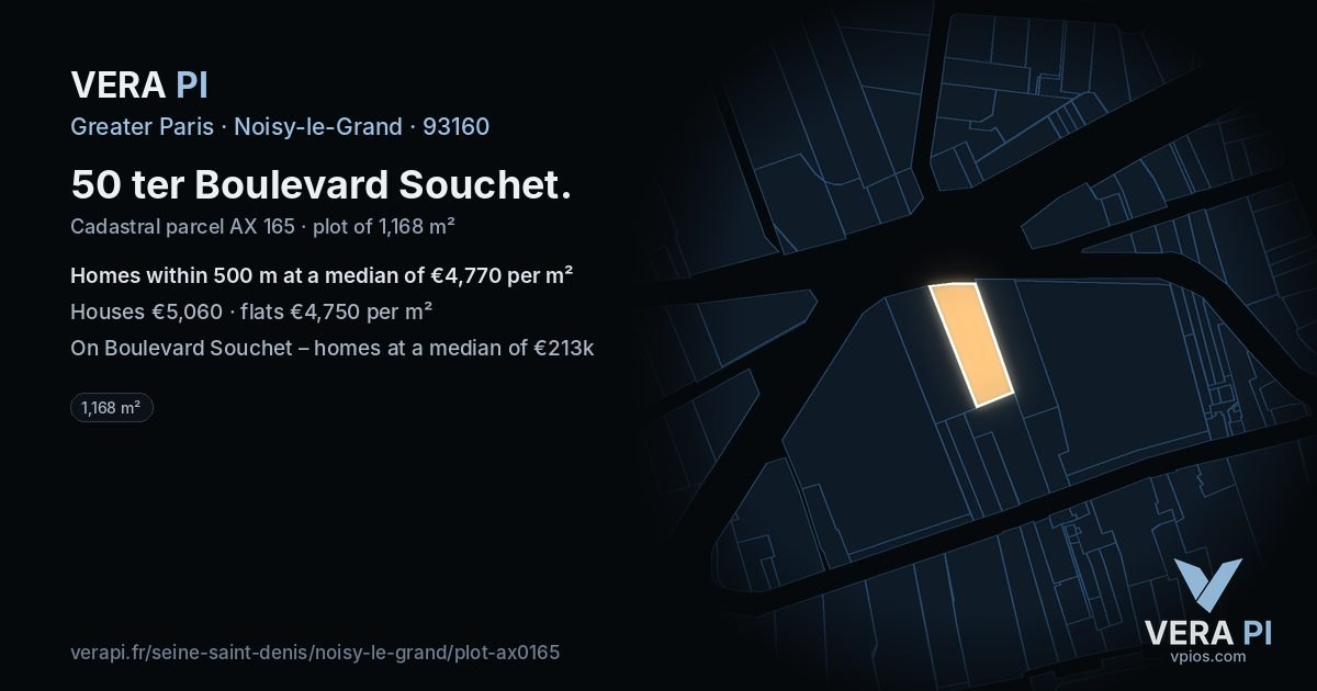 50 ter Boulevard Souchet, Noisy-le-Grand at night – the plot lit, the parcels around coloured by the prices near them