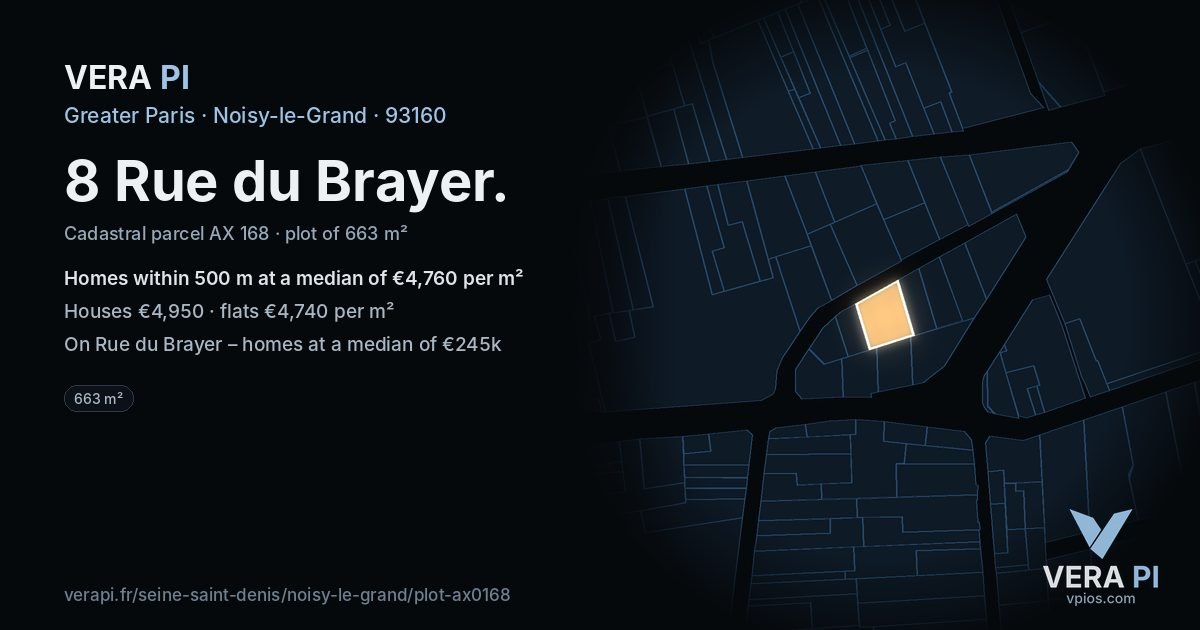 8 Rue du Brayer, Noisy-le-Grand at night – the plot lit, the parcels around coloured by the prices near them