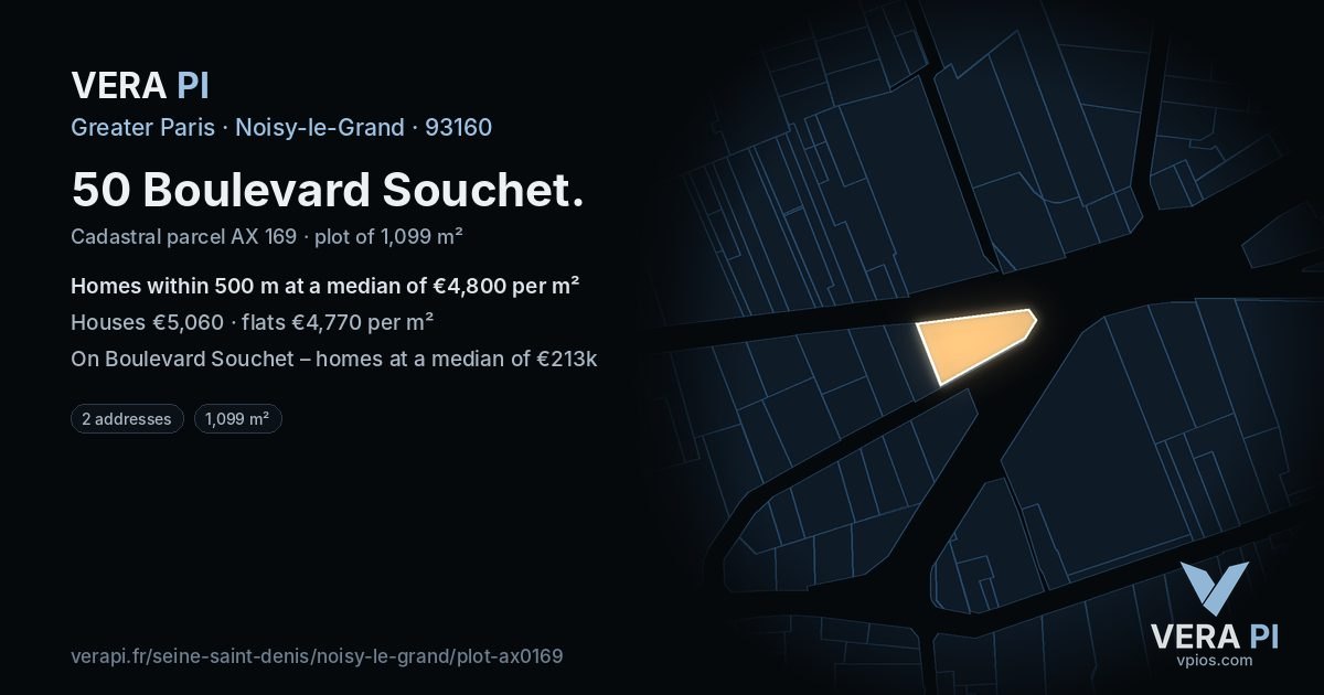 50 Boulevard Souchet, Noisy-le-Grand at night – the plot lit, the parcels around coloured by the prices near them