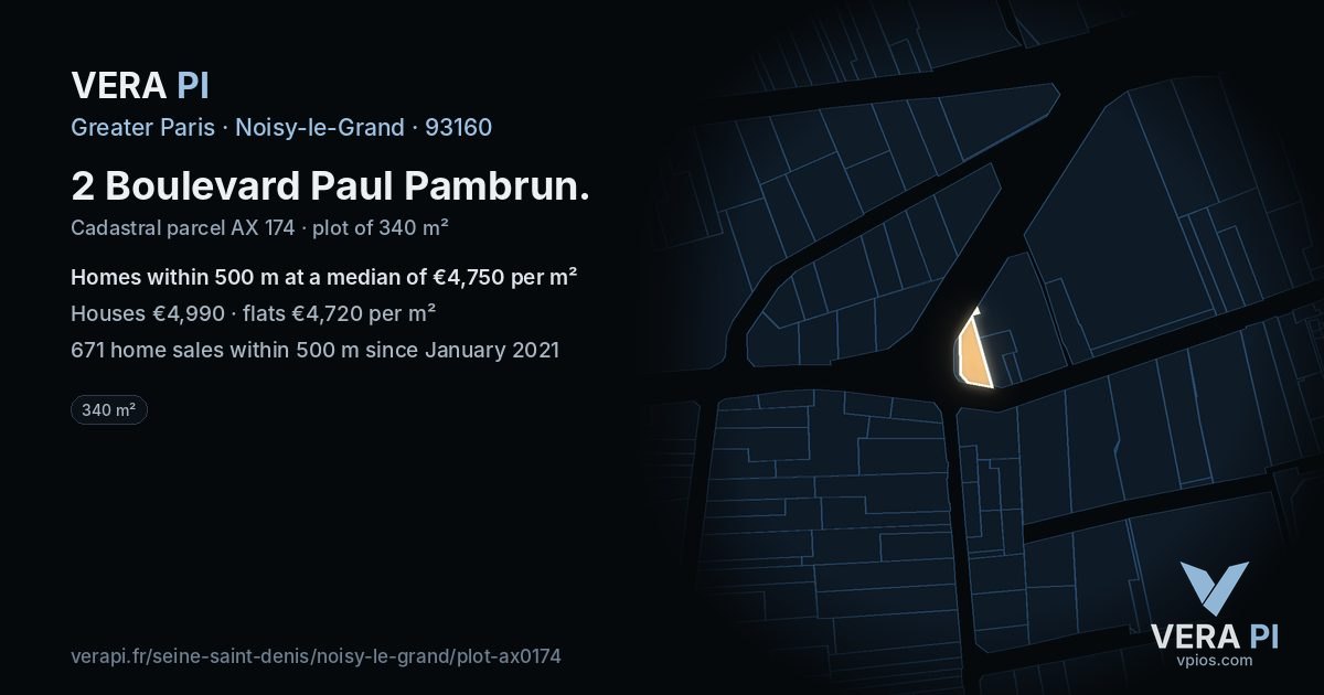 2 Boulevard Paul Pambrun, Noisy-le-Grand at night – the plot lit, the parcels around coloured by the prices near them