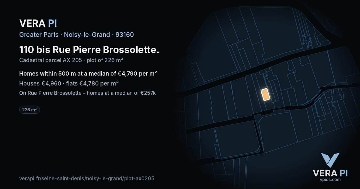 110 bis Rue Pierre Brossolette, Noisy-le-Grand at night – the plot lit, the parcels around coloured by the prices near them
