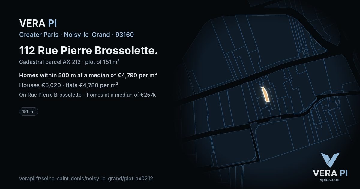112 Rue Pierre Brossolette, Noisy-le-Grand at night – the plot lit, the parcels around coloured by the prices near them
