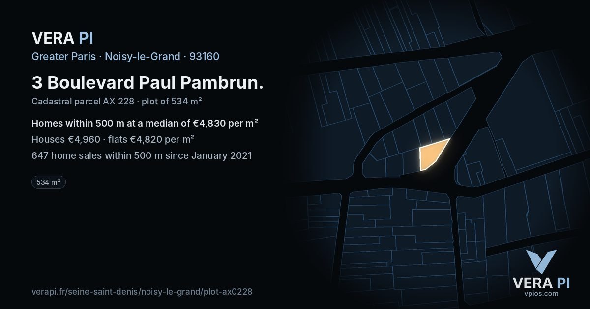 3 Boulevard Paul Pambrun, Noisy-le-Grand at night – the plot lit, the parcels around coloured by the prices near them