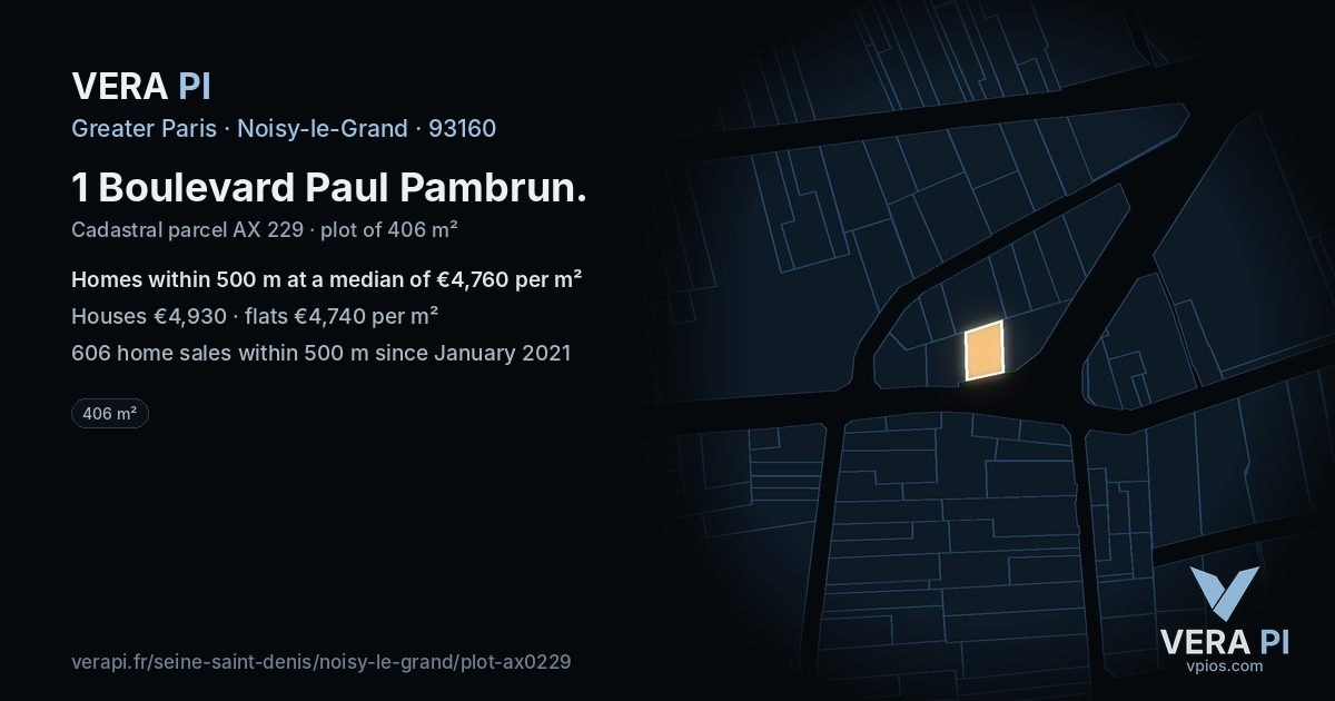 1 Boulevard Paul Pambrun, Noisy-le-Grand at night – the plot lit, the parcels around coloured by the prices near them