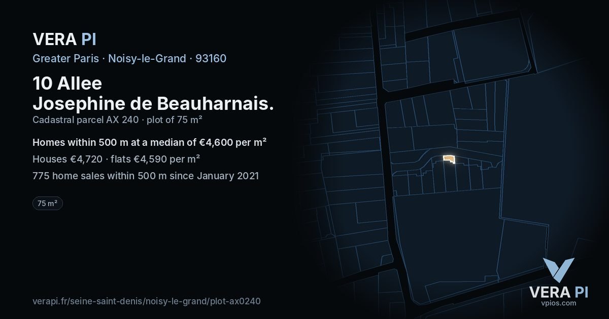 10 Allee Josephine de Beauharnais, Noisy-le-Grand at night – the plot lit, the parcels around coloured by the prices near them