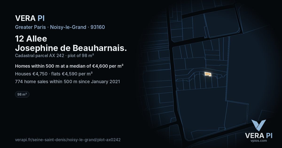 12 Allee Josephine de Beauharnais, Noisy-le-Grand at night – the plot lit, the parcels around coloured by the prices near them
