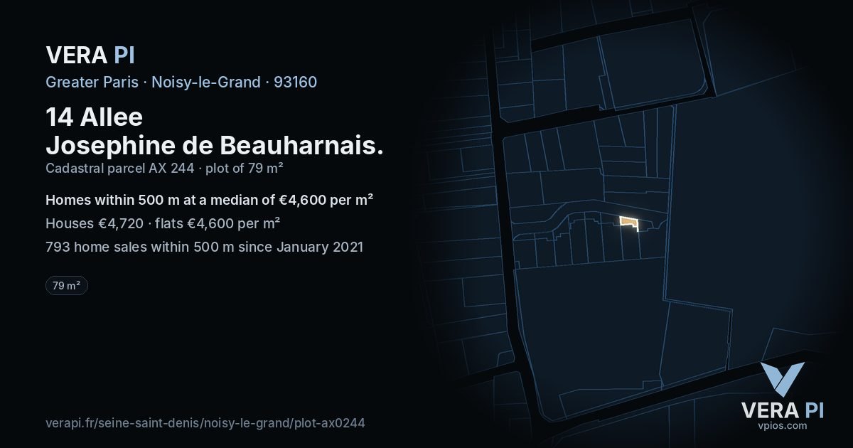 14 Allee Josephine de Beauharnais, Noisy-le-Grand at night – the plot lit, the parcels around coloured by the prices near them
