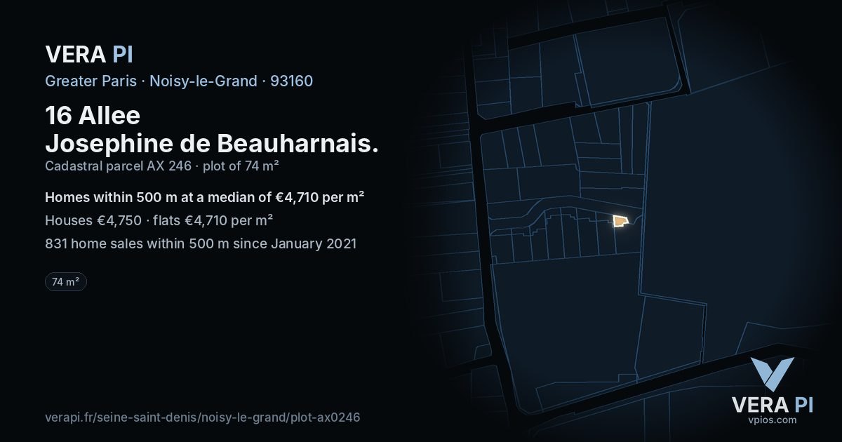 16 Allee Josephine de Beauharnais, Noisy-le-Grand at night – the plot lit, the parcels around coloured by the prices near them