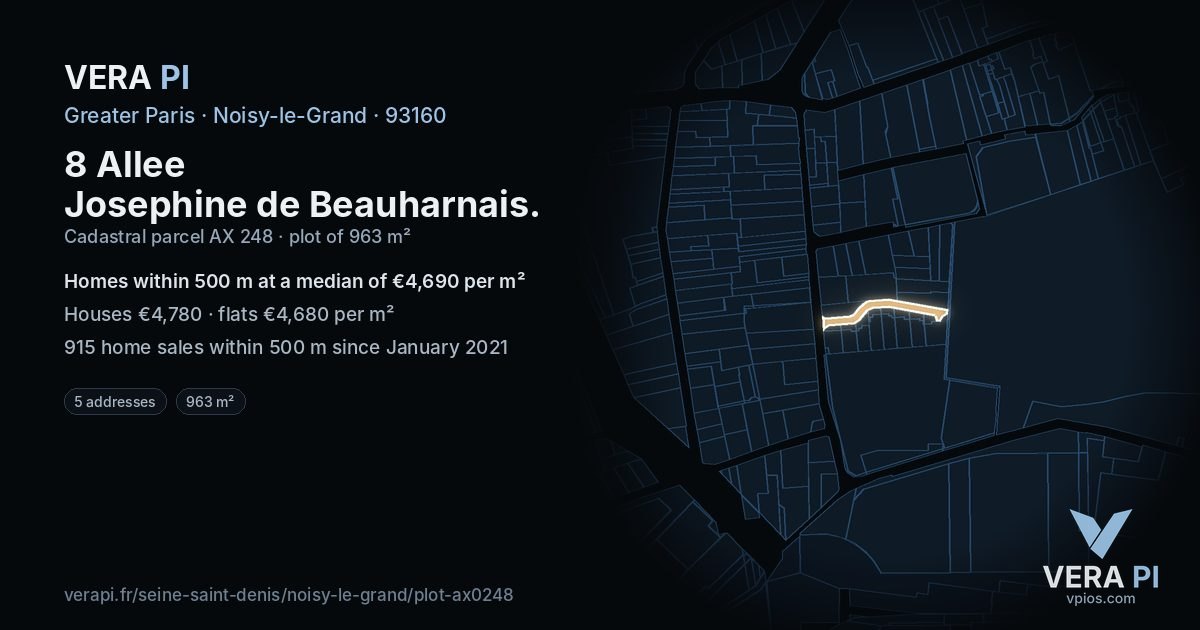 8 Allee Josephine de Beauharnais, Noisy-le-Grand at night – the plot lit, the parcels around coloured by the prices near them