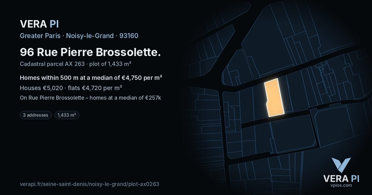 96 Rue Pierre Brossolette, Noisy-le-Grand at night – the plot lit, the parcels around coloured by the prices near them