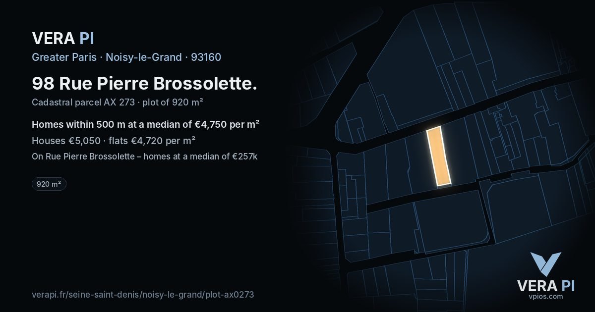 98 Rue Pierre Brossolette, Noisy-le-Grand at night – the plot lit, the parcels around coloured by the prices near them