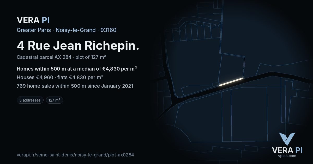 4 Rue Jean Richepin, Noisy-le-Grand at night – the plot lit, the parcels around coloured by the prices near them