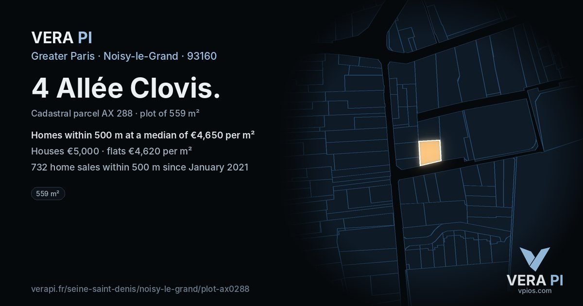 4 Allée Clovis, Noisy-le-Grand at night – the plot lit, the parcels around coloured by the prices near them