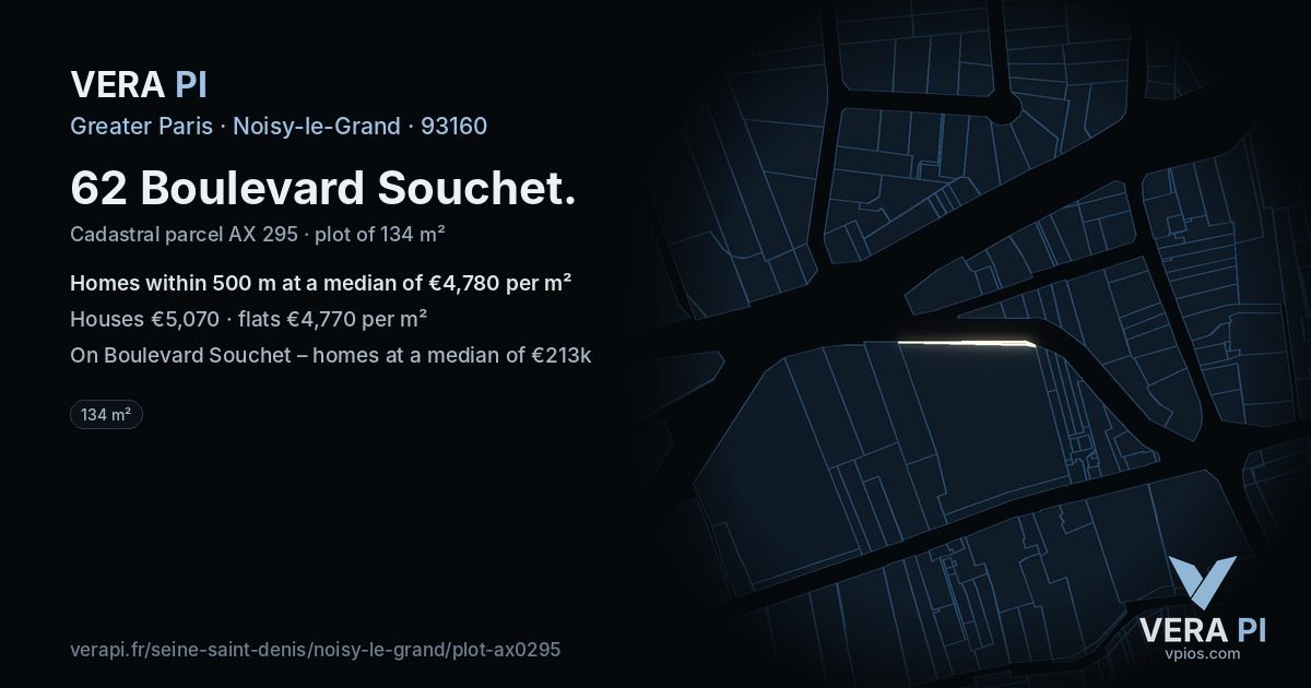 62 Boulevard Souchet, Noisy-le-Grand at night – the plot lit, the parcels around coloured by the prices near them