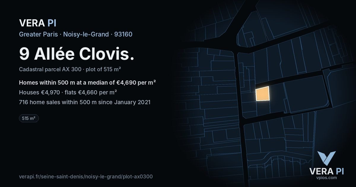 9 Allée Clovis, Noisy-le-Grand at night – the plot lit, the parcels around coloured by the prices near them