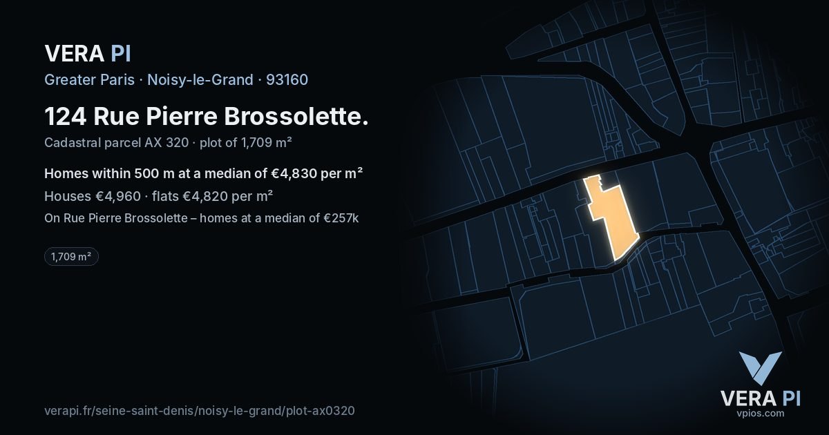 124 Rue Pierre Brossolette, Noisy-le-Grand at night – the plot lit, the parcels around coloured by the prices near them