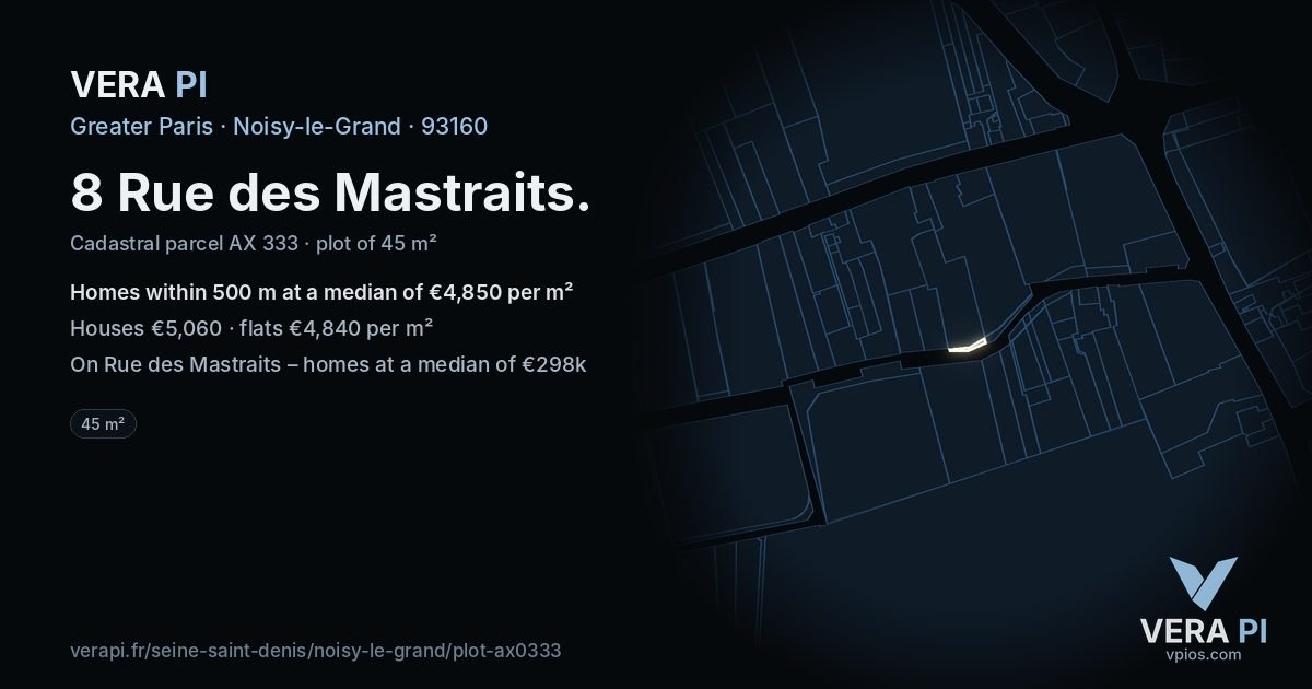 8 Rue des Mastraits, Noisy-le-Grand at night – the plot lit, the parcels around coloured by the prices near them