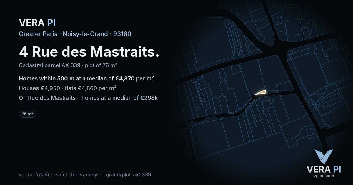 4 Rue des Mastraits, Noisy-le-Grand at night – the plot lit, the parcels around coloured by the prices near them