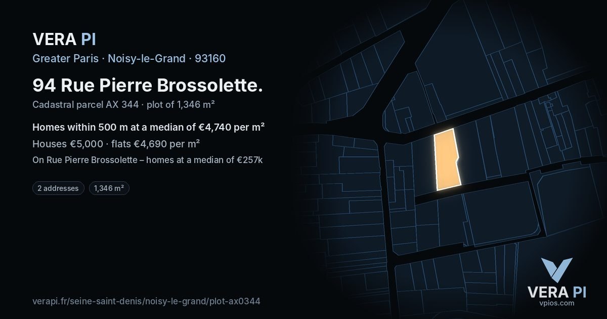 94 Rue Pierre Brossolette, Noisy-le-Grand at night – the plot lit, the parcels around coloured by the prices near them