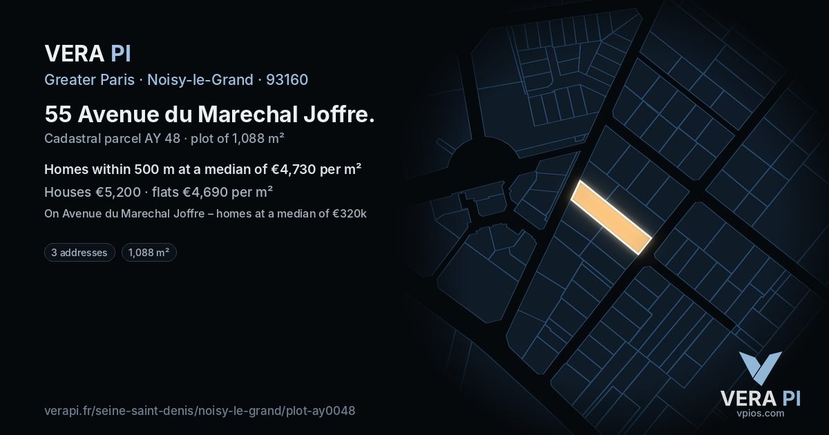 55 Avenue du Marechal Joffre, Noisy-le-Grand at night – the plot lit, the parcels around coloured by the prices near them