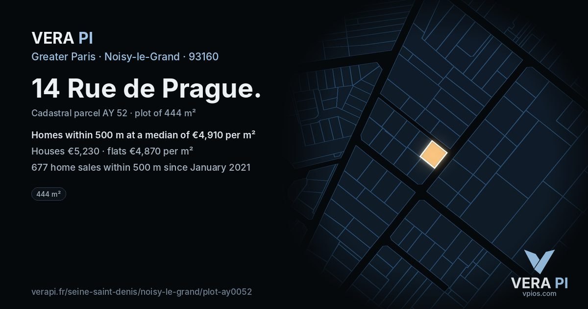 14 Rue de Prague, Noisy-le-Grand at night – the plot lit, the parcels around coloured by the prices near them