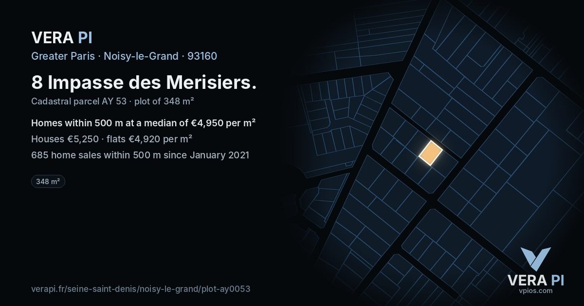 8 Impasse des Merisiers, Noisy-le-Grand at night – the plot lit, the parcels around coloured by the prices near them