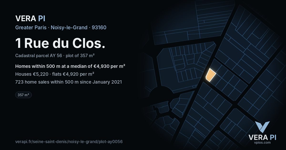 1 Rue du Clos, Noisy-le-Grand at night – the plot lit, the parcels around coloured by the prices near them