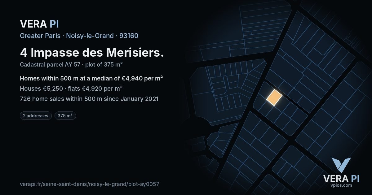 4 Impasse des Merisiers, Noisy-le-Grand at night – the plot lit, the parcels around coloured by the prices near them