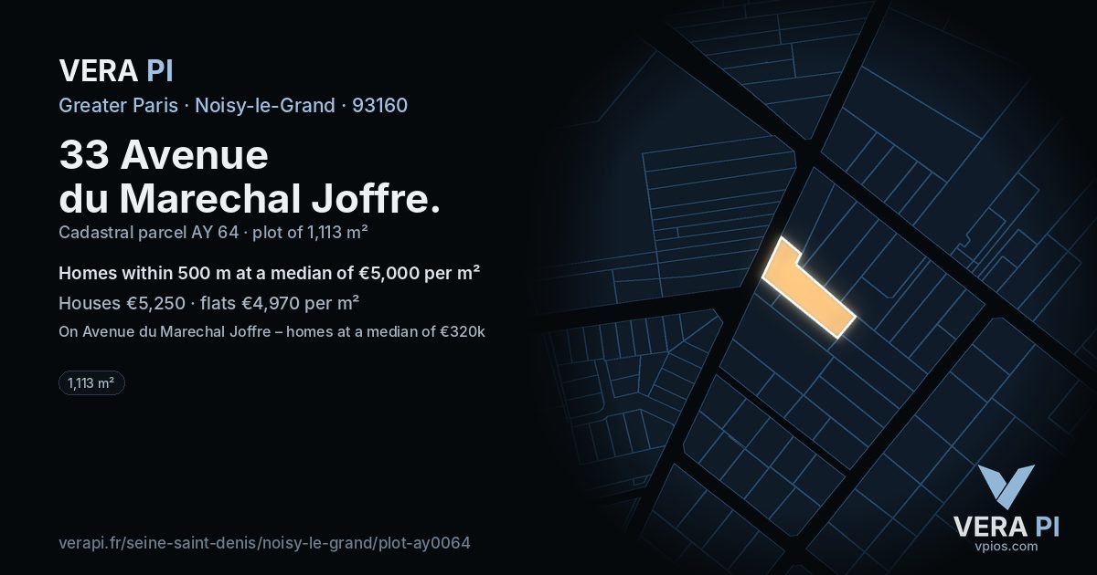 33 Avenue du Marechal Joffre, Noisy-le-Grand at night – the plot lit, the parcels around coloured by the prices near them