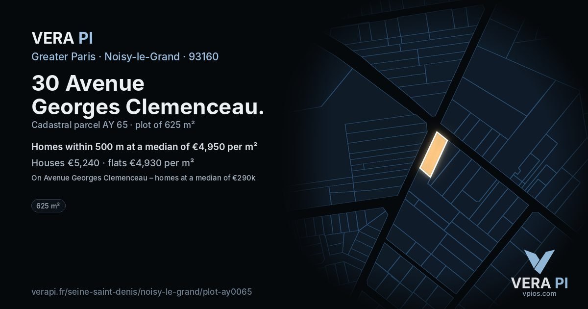 30 Avenue Georges Clemenceau, Noisy-le-Grand at night – the plot lit, the parcels around coloured by the prices near them