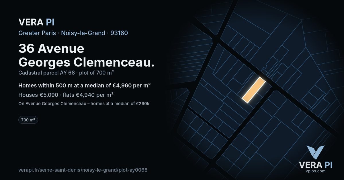 36 Avenue Georges Clemenceau, Noisy-le-Grand at night – the plot lit, the parcels around coloured by the prices near them