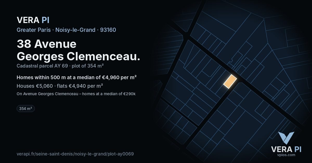 38 Avenue Georges Clemenceau, Noisy-le-Grand at night – the plot lit, the parcels around coloured by the prices near them