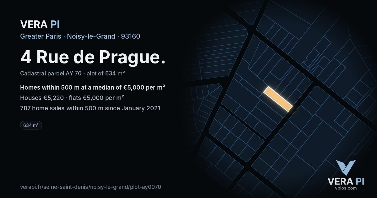 4 Rue de Prague, Noisy-le-Grand at night – the plot lit, the parcels around coloured by the prices near them