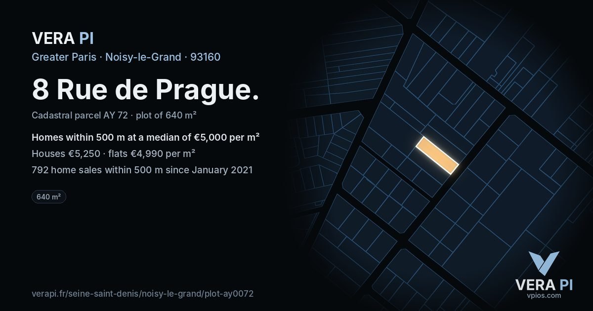 8 Rue de Prague, Noisy-le-Grand at night – the plot lit, the parcels around coloured by the prices near them