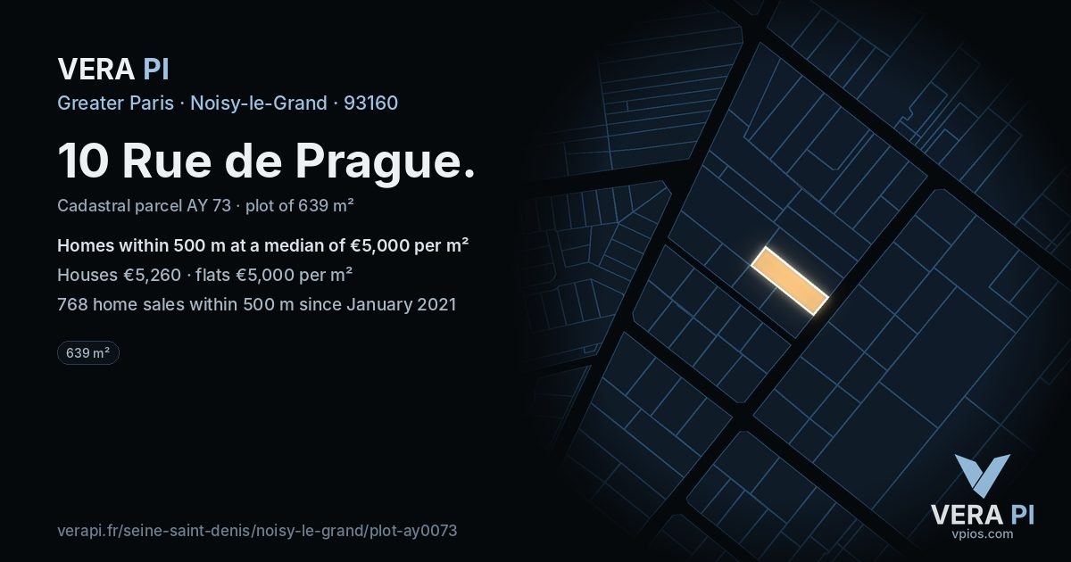 10 Rue de Prague, Noisy-le-Grand at night – the plot lit, the parcels around coloured by the prices near them