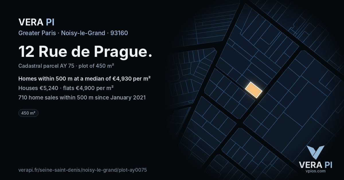 12 Rue de Prague, Noisy-le-Grand at night – the plot lit, the parcels around coloured by the prices near them