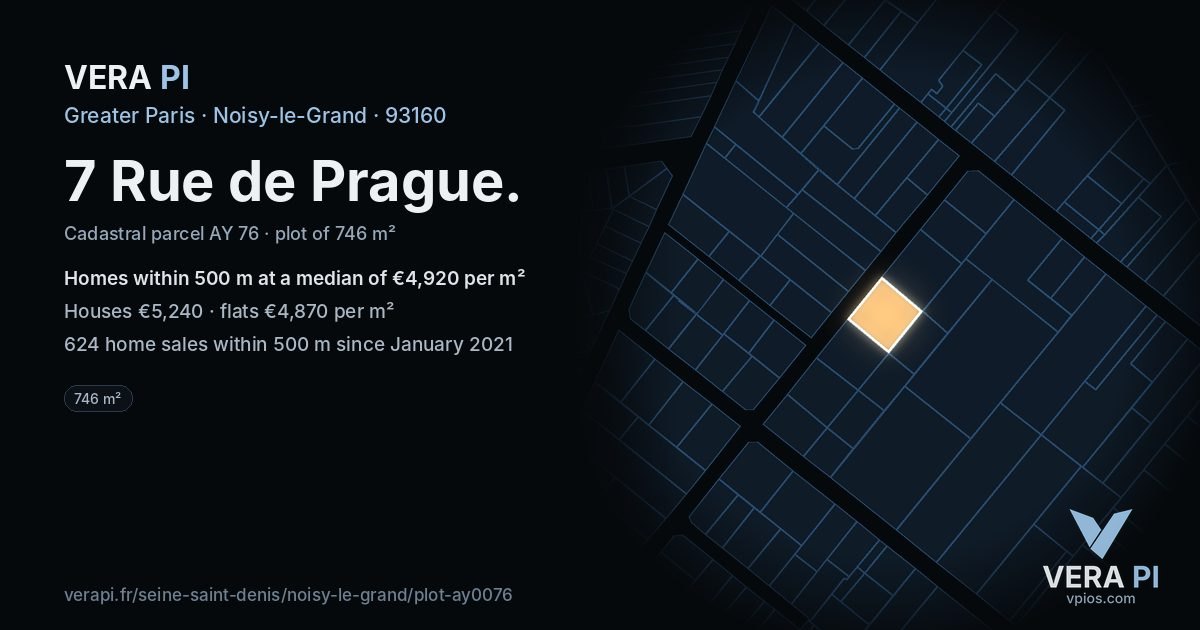 7 Rue de Prague, Noisy-le-Grand at night – the plot lit, the parcels around coloured by the prices near them