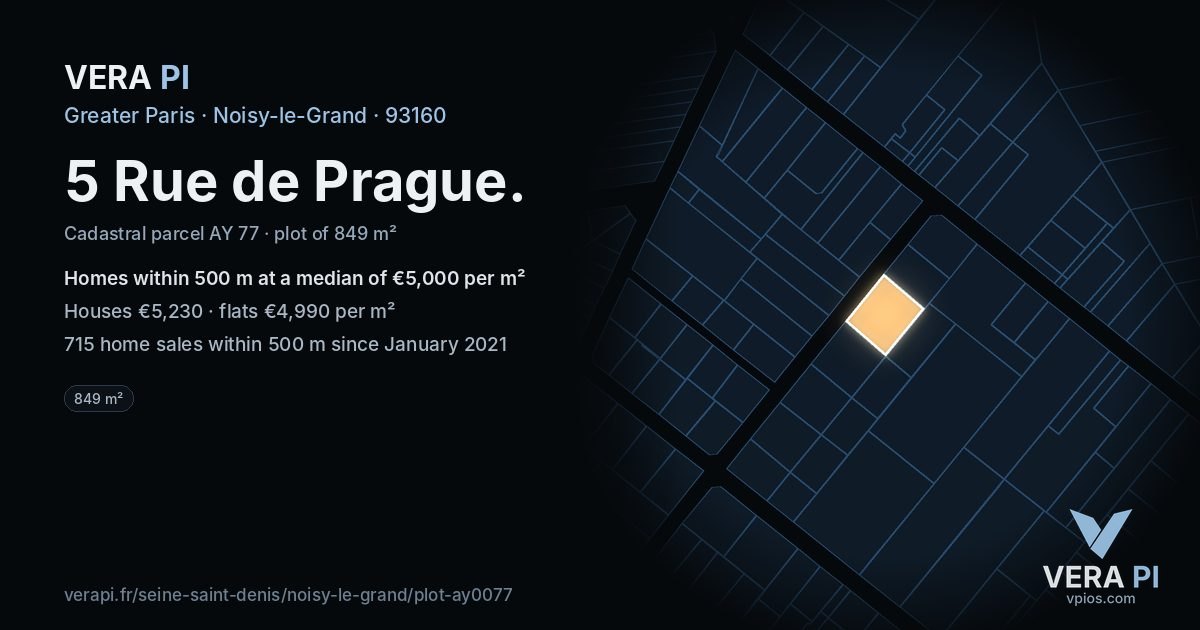 5 Rue de Prague, Noisy-le-Grand at night – the plot lit, the parcels around coloured by the prices near them