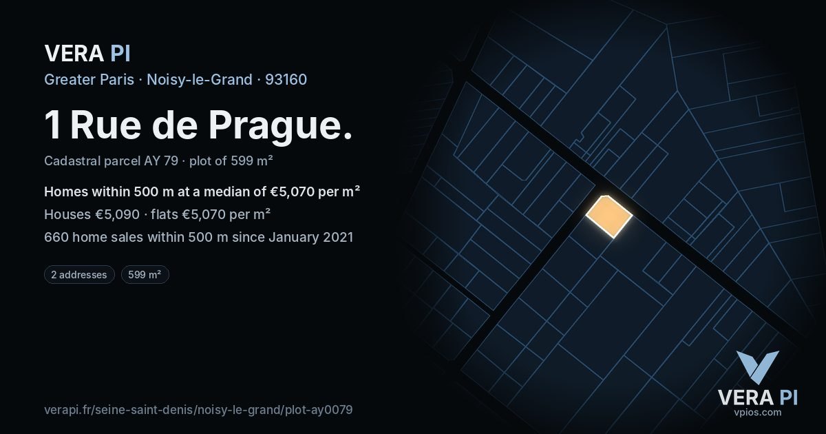 1 Rue de Prague, Noisy-le-Grand at night – the plot lit, the parcels around coloured by the prices near them