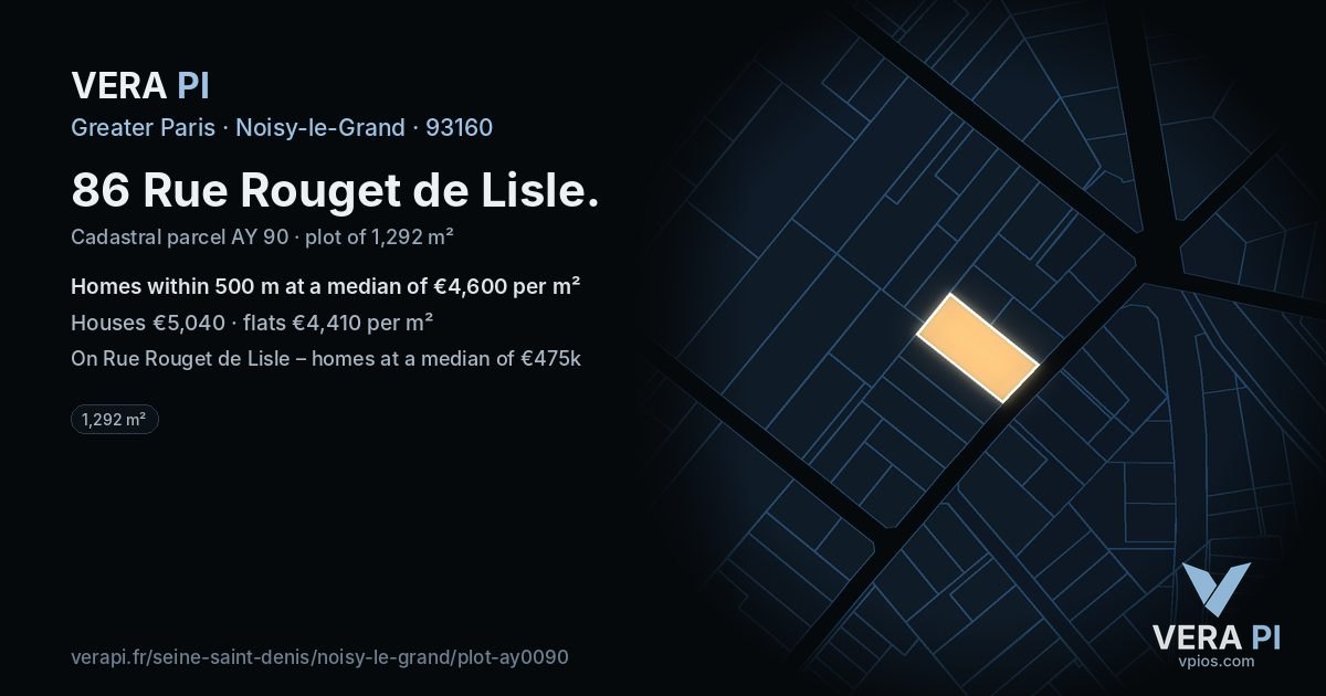 86 Rue Rouget de Lisle, Noisy-le-Grand at night – the plot lit, the parcels around coloured by the prices near them