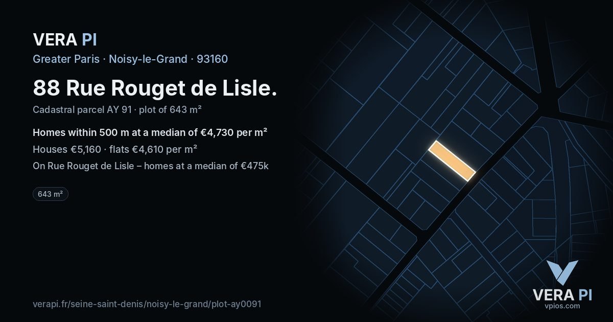 88 Rue Rouget de Lisle, Noisy-le-Grand at night – the plot lit, the parcels around coloured by the prices near them