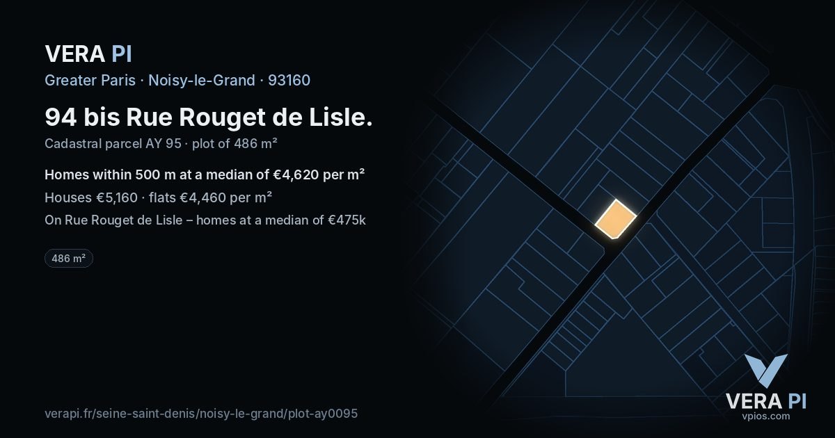 94 bis Rue Rouget de Lisle, Noisy-le-Grand at night – the plot lit, the parcels around coloured by the prices near them