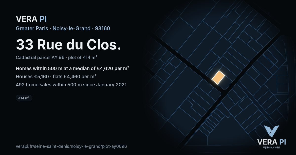 33 Rue du Clos, Noisy-le-Grand at night – the plot lit, the parcels around coloured by the prices near them