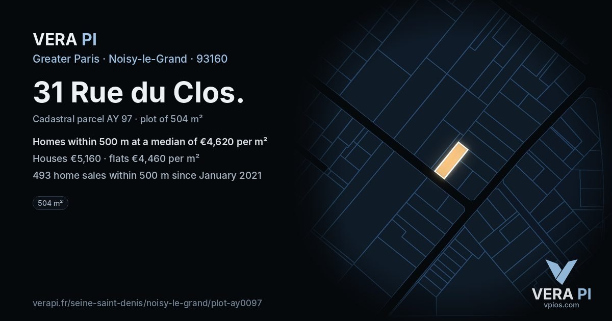 31 Rue du Clos, Noisy-le-Grand at night – the plot lit, the parcels around coloured by the prices near them