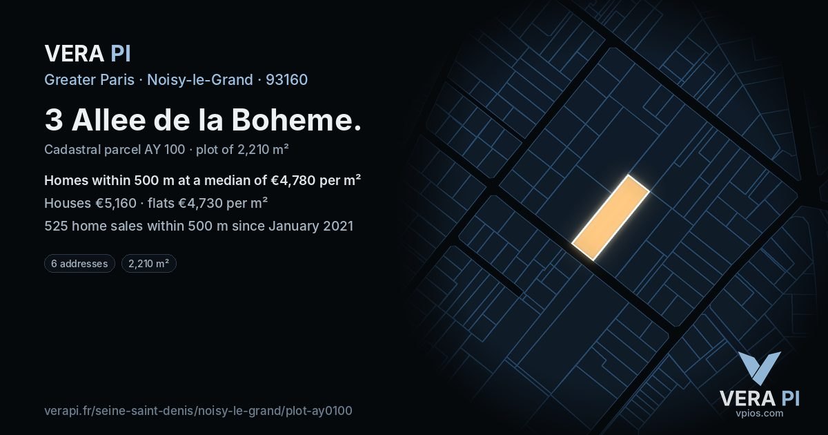 3 Allee de la Boheme, Noisy-le-Grand at night – the plot lit, the parcels around coloured by the prices near them