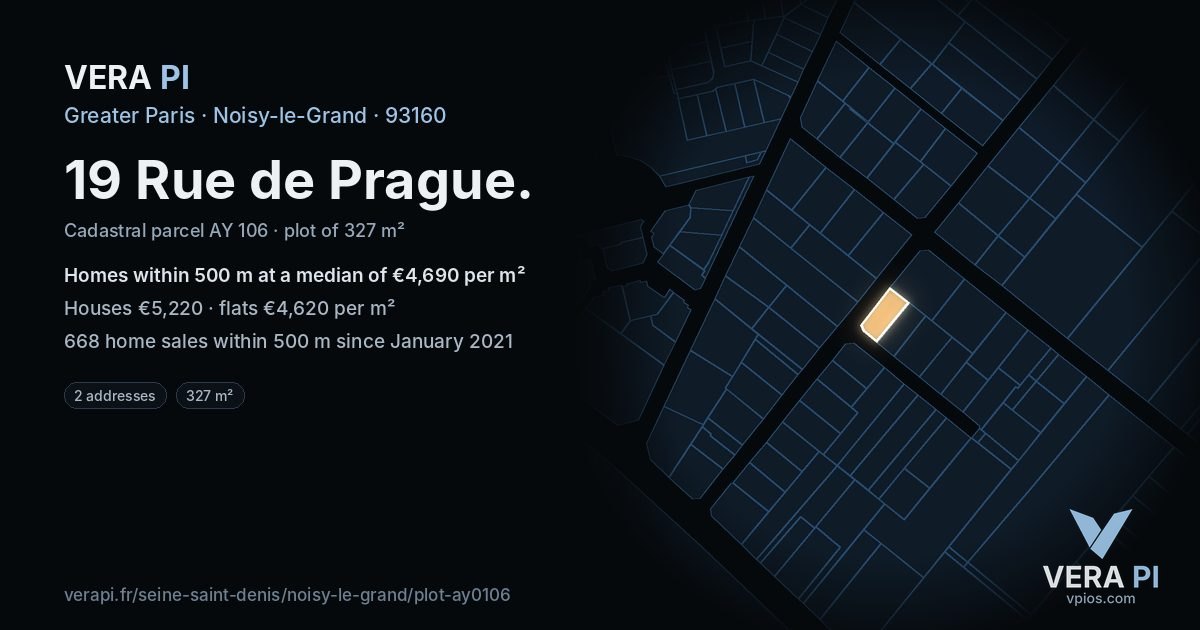 19 Rue de Prague, Noisy-le-Grand at night – the plot lit, the parcels around coloured by the prices near them