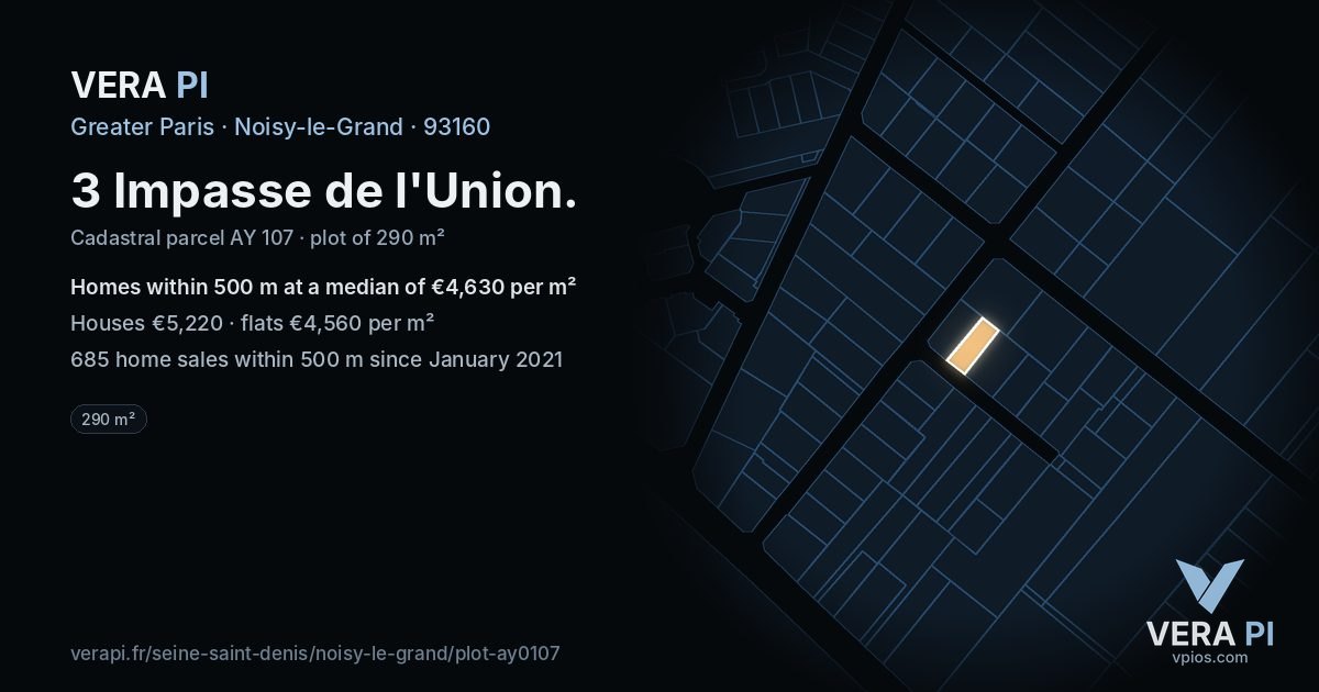 3 Impasse de l'Union, Noisy-le-Grand at night – the plot lit, the parcels around coloured by the prices near them