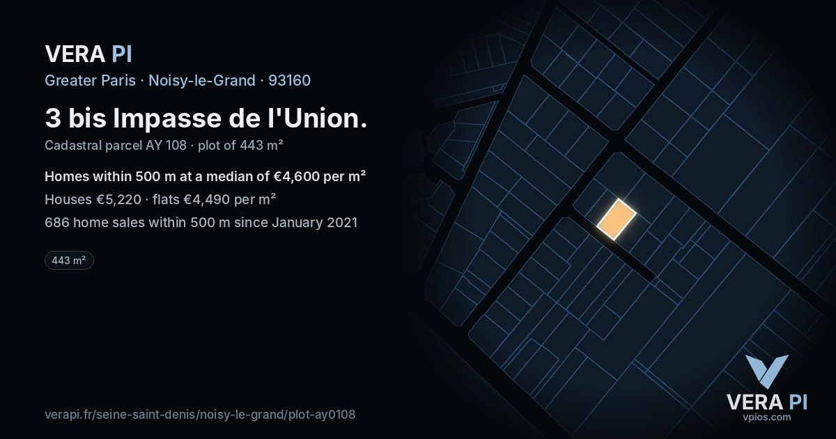 3 bis Impasse de l'Union, Noisy-le-Grand at night – the plot lit, the parcels around coloured by the prices near them
