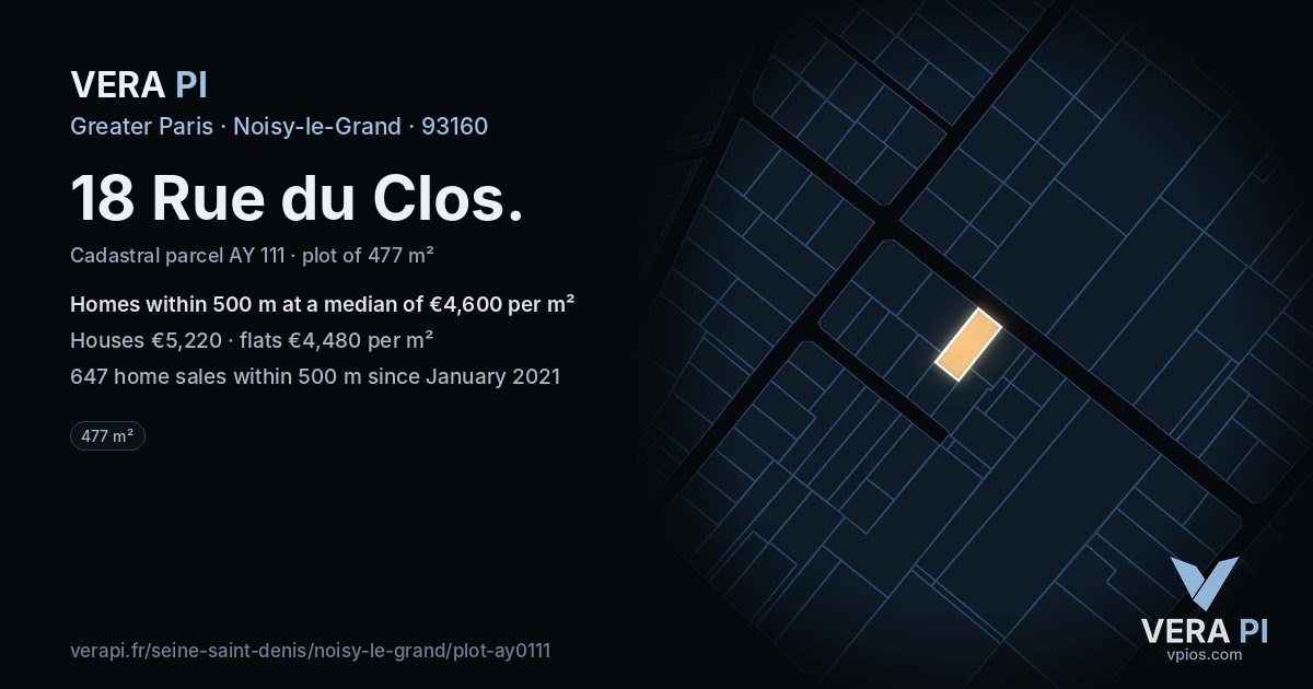 18 Rue du Clos, Noisy-le-Grand at night – the plot lit, the parcels around coloured by the prices near them